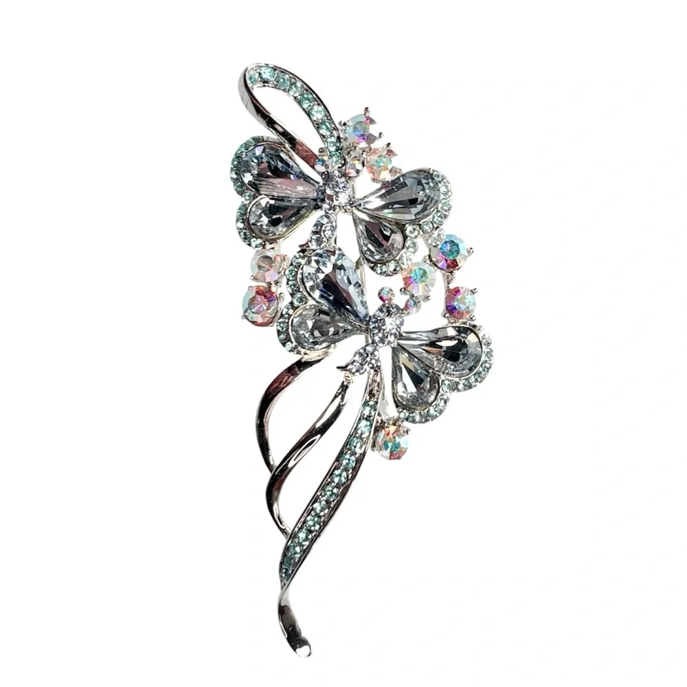 Blue & Aurora Borealis Rhinestone Silver Brooch Butterfly Floral, [2.75” x 1”]